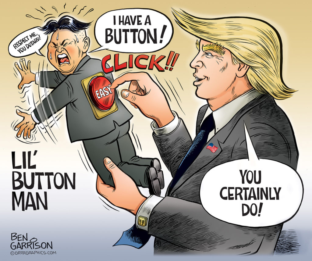 Kim Jong-Un button pushed by Trump cartoon