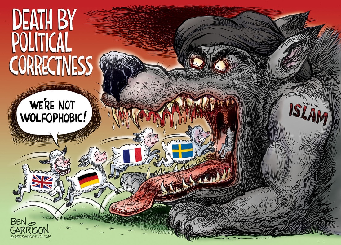 Wolf of Islam, Death by Political Correctness cartoon by Ben Garrison